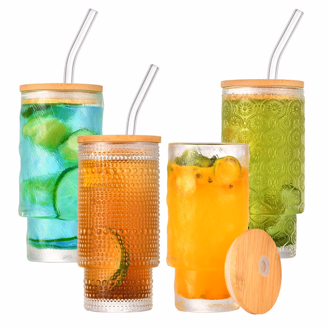 Wholesale 16oz Vertical Pattern Cola Container High Borosilicate with Bamboo Lid Single Layer Straw Cup Mason Cold Drink Glass Packaging