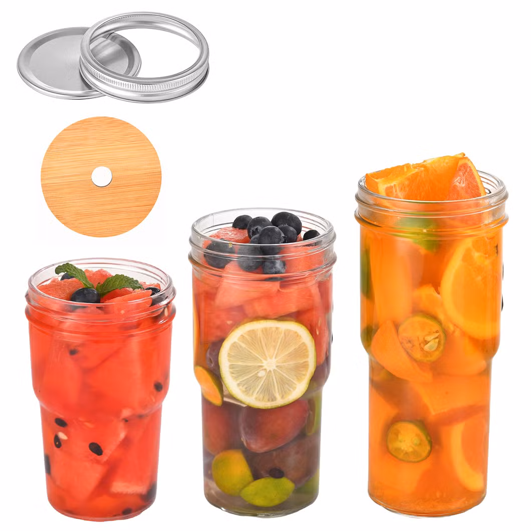 Wholesale 16oz Vertical Pattern Cola Container High Borosilicate with Bamboo Lid Single Layer Straw Cup Mason Cold Drink Glass Packaging