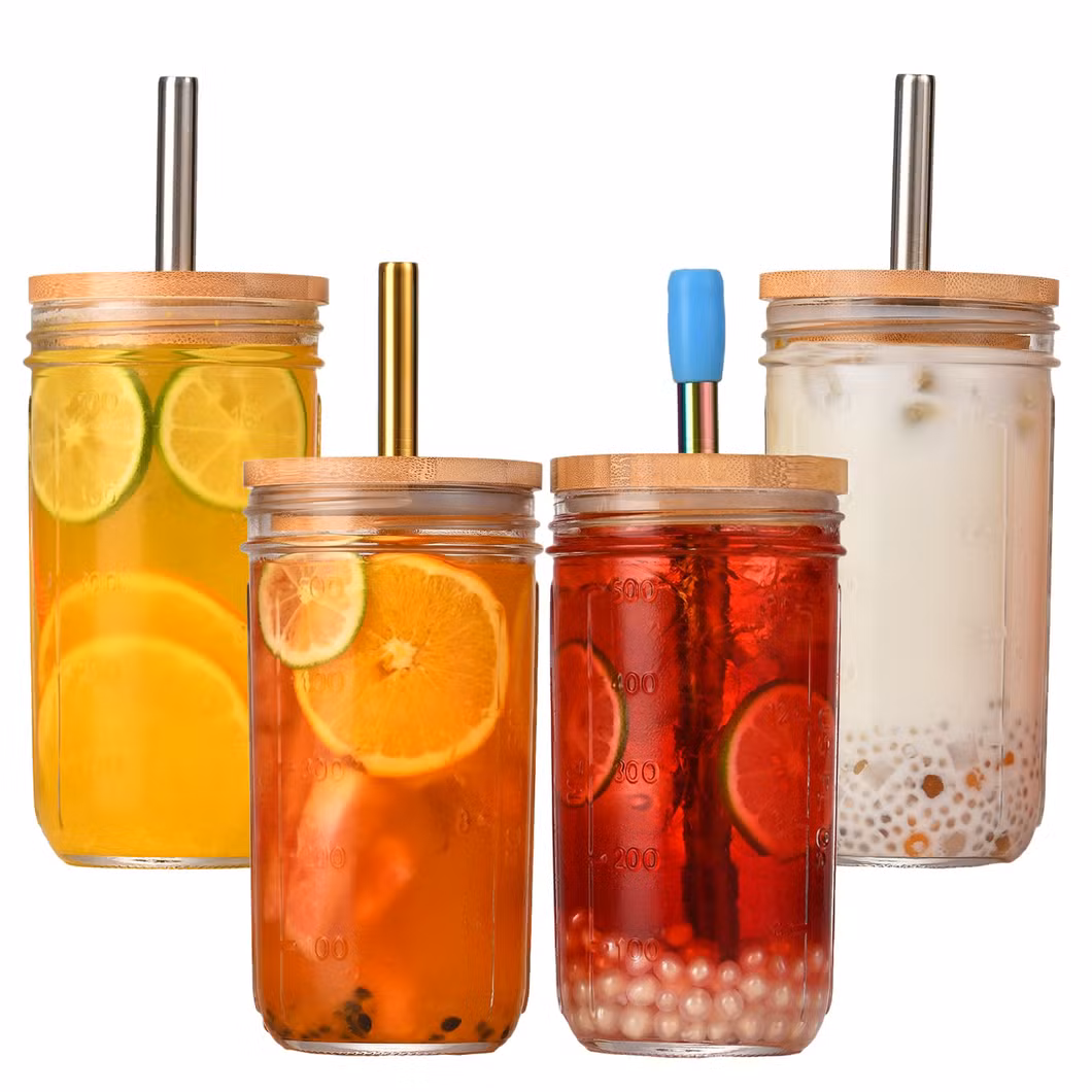 Wholesale 16oz Vertical Pattern Cola Container High Borosilicate with Bamboo Lid Single Layer Straw Cup Mason Cold Drink Glass Packaging