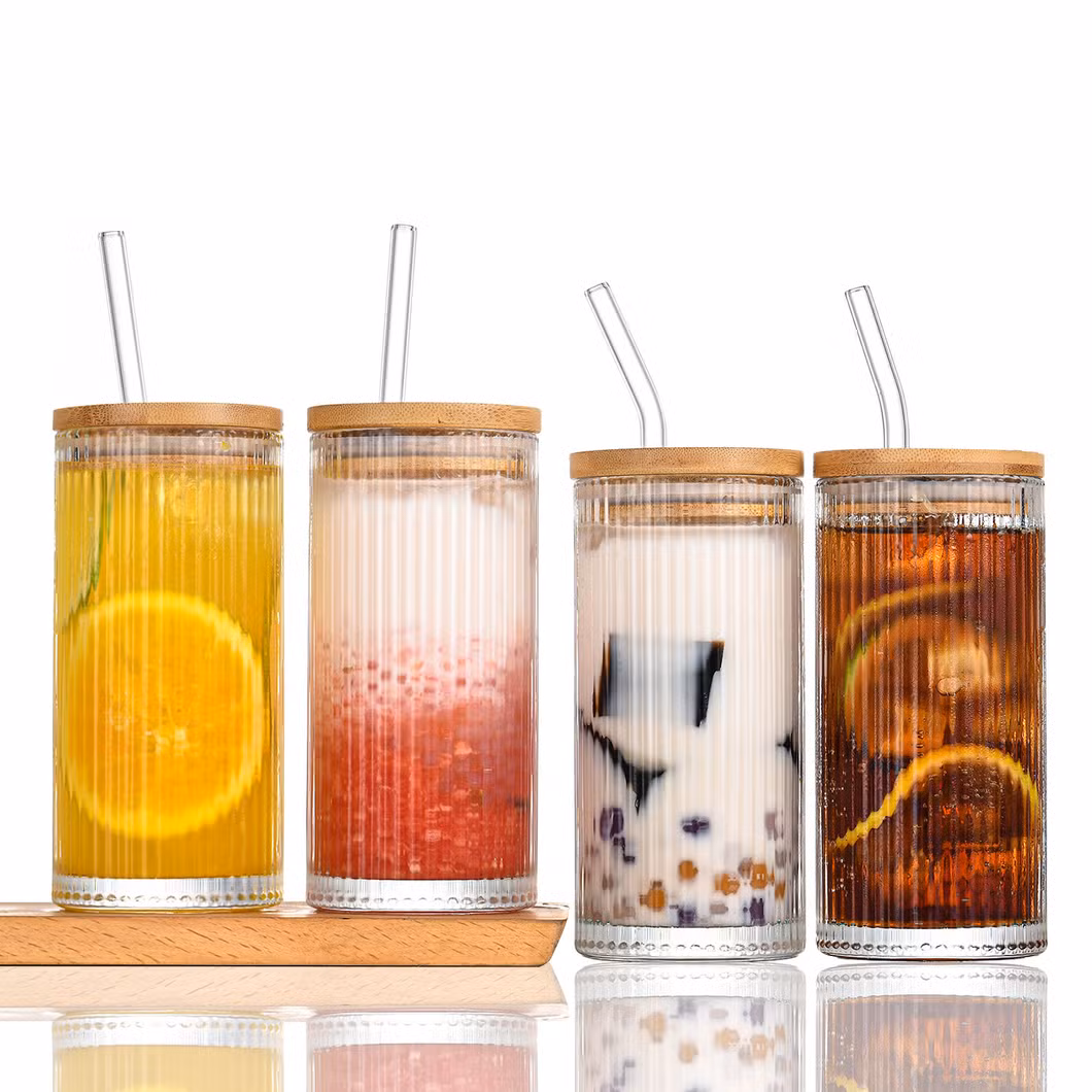 Wholesale 16oz Vertical Pattern Cola Container High Borosilicate with Bamboo Lid Single Layer Straw Cup Mason Cold Drink Glass Packaging