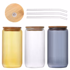 Wholesale 16oz Vertical Pattern Cola Container High Borosilicate with Bamboo Lid Single Layer Straw Cup Mason Cold Drink Glass Packaging