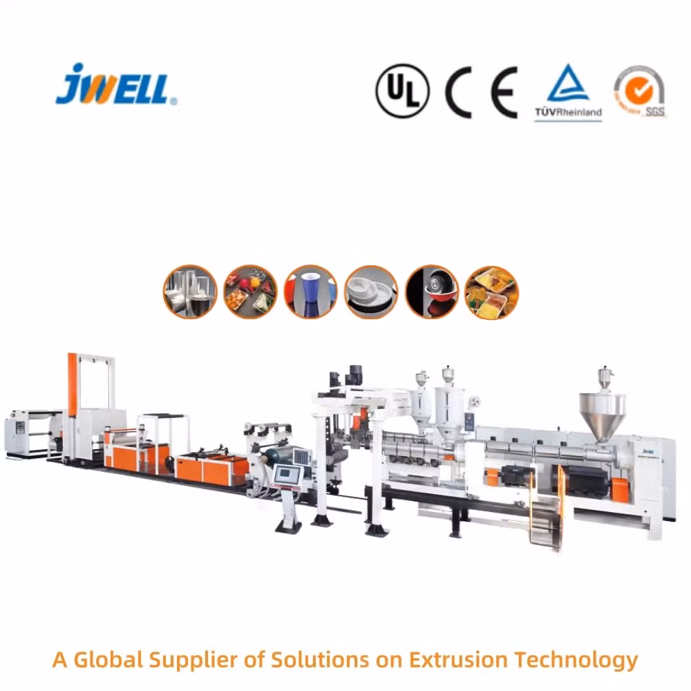 Jwell Plastic Thermoforming Food Grade Thermoformed Polystyrene Roll Rigid Extruded PP PS Sheet Making Machine for Blister Packaging Container Cup Seed Tray