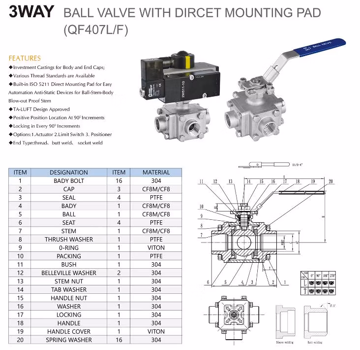 Inox 1.4408 3-Way L/T Port FF Threaded ISO5211 Mounting Pad Ball Valve Bsp DIN ISO228 Buttweld Socket Weld Bw Sw Stainless Steel 316 304 Ball Valve