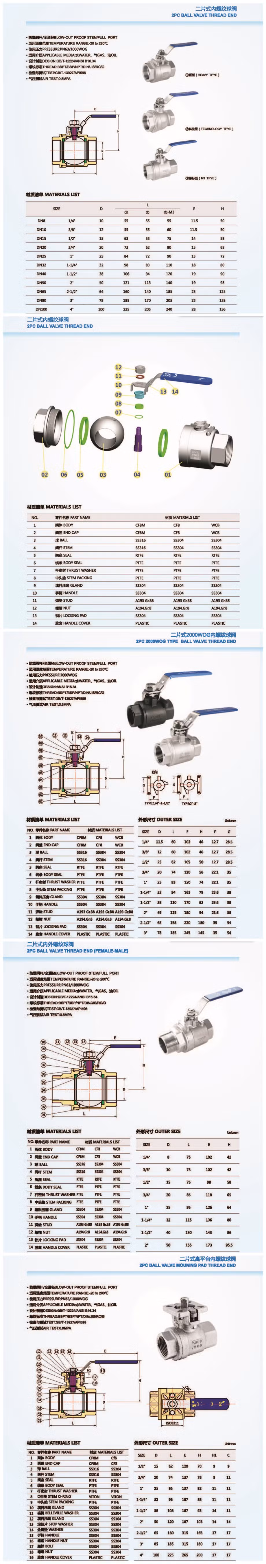 Sanitary Investment Casting Stainless Steel 3PC Clamp Ball Valve 1000wog SS304/SS316 BSPT/NPT/Sw/Bw