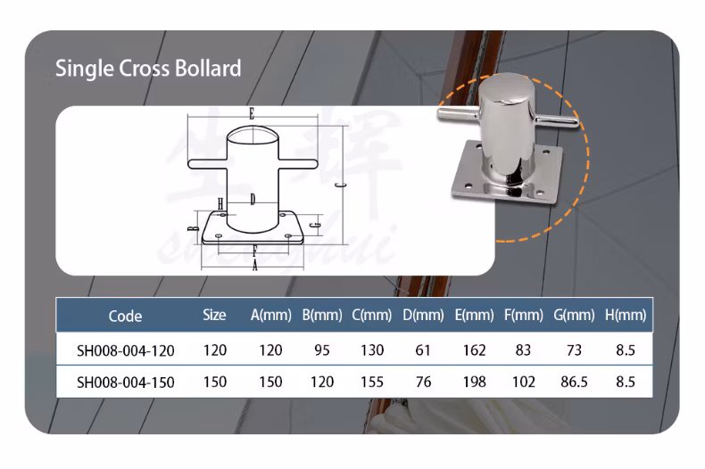 Customized Precision Casting 316 Stainless Steel Jetty Marina Hollow Base Cleat Single Cross Boat Dock Mooring Bitt Bollard