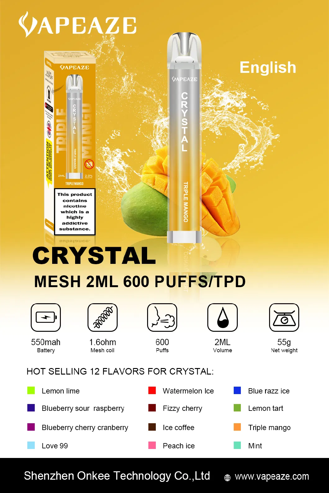 OEM Vaporizer Amazon Wholesale Puff Distributors 0/20/50mg Nicotine Disposable Crystal Bar Vape 600 Puffs