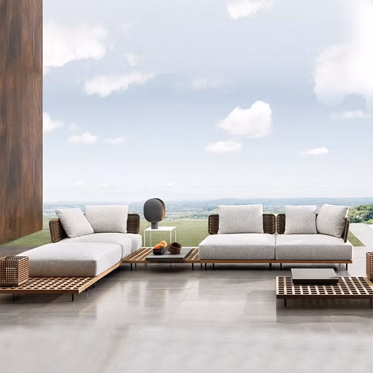 Outdoor Living Room Cushion Teak Frame 6 Seater Chaise Lounge Sofa Set