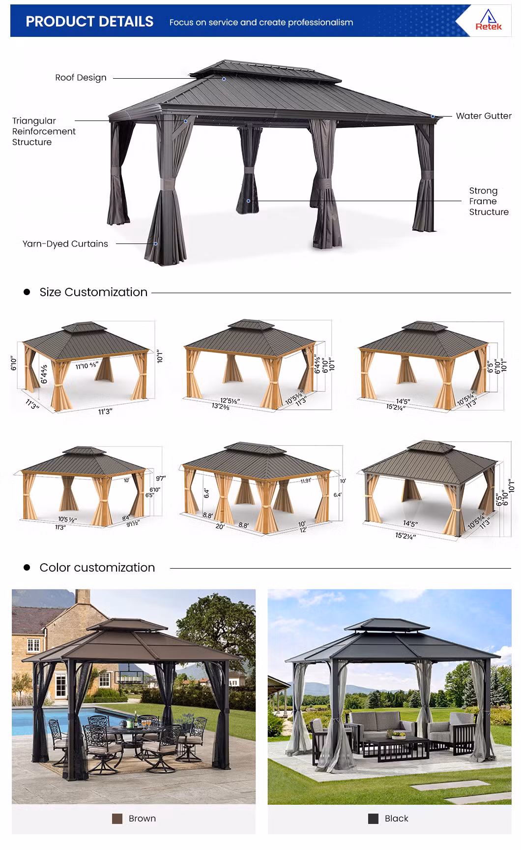 Taipeng Outdoor Sunroom Screen House with LED Lights Patio Hardtop Gazebo China Manufacturing Metal Gazebo Popular Style Hardtop Hardtop Metal Gazebo