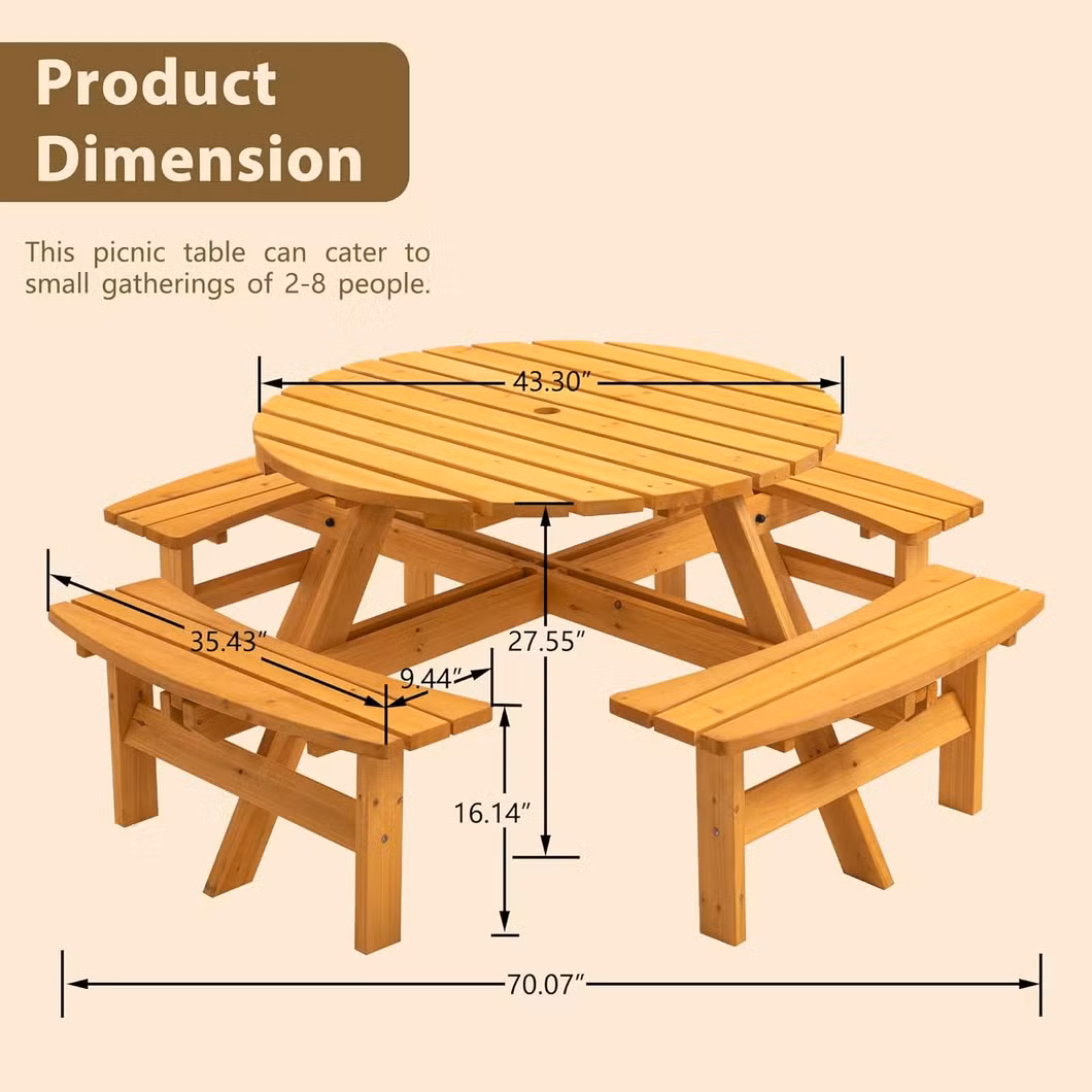 6-Person Circular Outdoor Wooden Picnic Table for Patio Table and Chair Combo