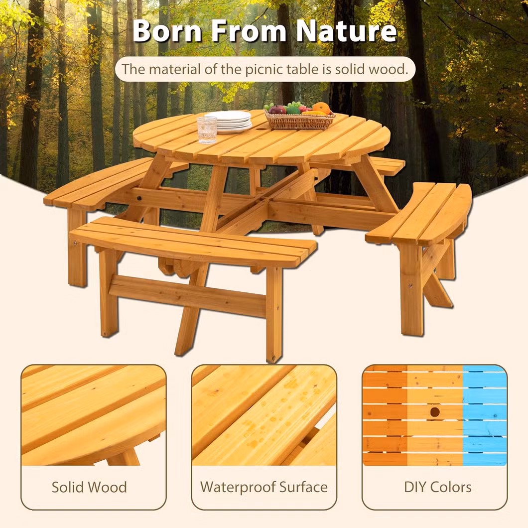 6-Person Circular Outdoor Wooden Picnic Table for Patio Table and Chair Combo
