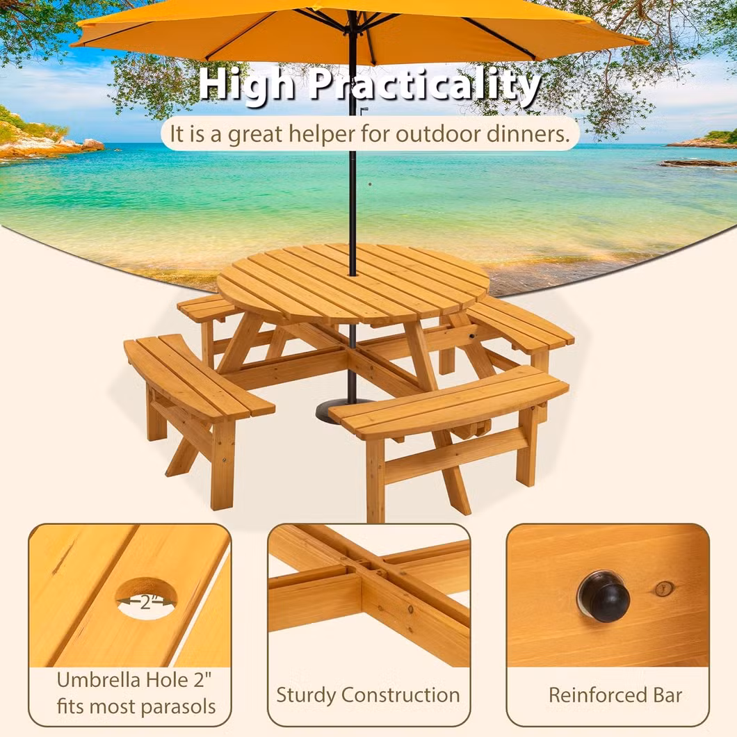 6-Person Circular Outdoor Wooden Picnic Table for Patio Table and Chair Combo