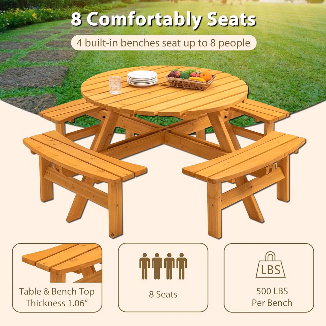 6-Person Circular Outdoor Wooden Picnic Table for Patio Table and Chair Combo