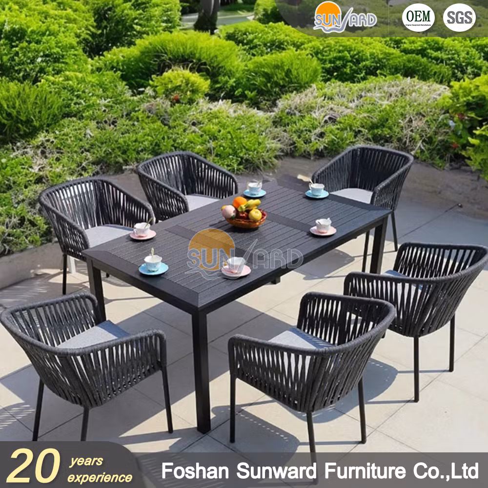 Customized Modern Luxury Patio Outdoor Garden Home Hotel Cafe Aluminium Polyester Rope Woven Restaurant Dining Set
