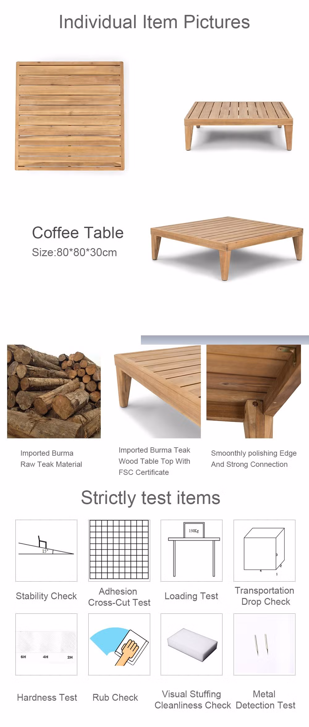 Modern Bistro Outdoor Teak Furniture Sofa Coffee Low Aluminum Table with Grade a Solid Wood