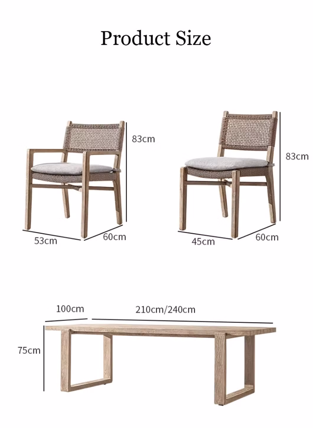 Luxury Outdoor Waterproof Solid Wood Rope Furniture Set Garden Patio Patio Teak Dining Tables and Chairs