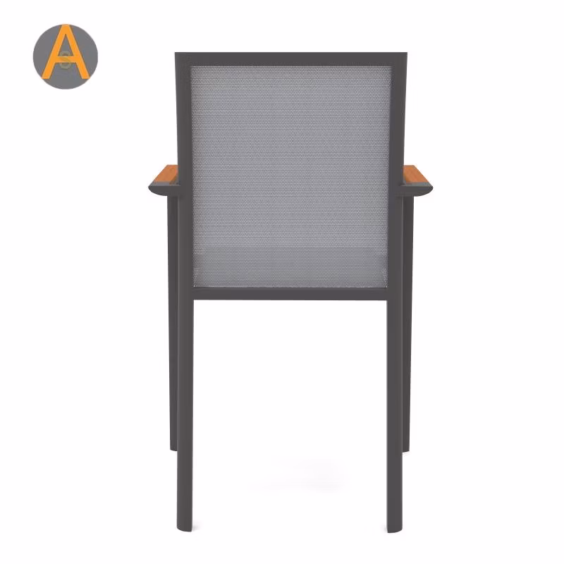 Stacking Textilener Mesh Aluminum Terrace Garden Metal Black Garden Outdoor Dining Chair with Teak Arms Balcony Porch Furniture