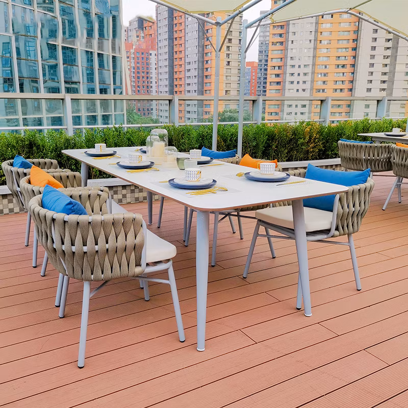 Tg Modern Outdoor Dining Furniture Set for Restaurant Hotel Factory Direct Aluminum Frame with Net Backrest Chairs