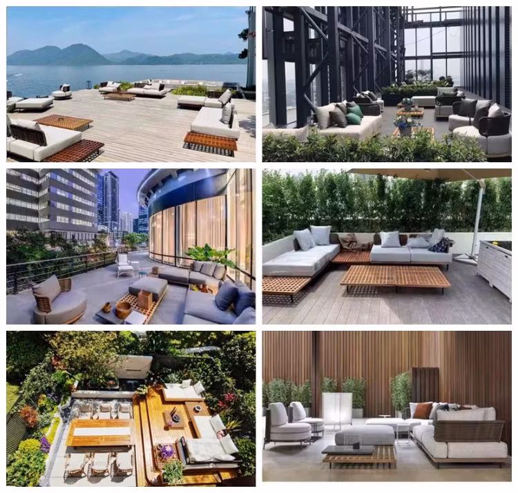 Sectional Sofa Modern Teak Patio Furniture Set Wooden Outdoor Couch Luxury Leisure Modular Hotel Wood Garden Sofa