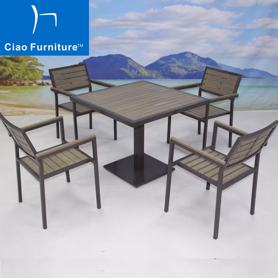Foshan Garden Outdoor Restaurant Aluminum Plastic Wood Dining Set Table Chairs Furniture