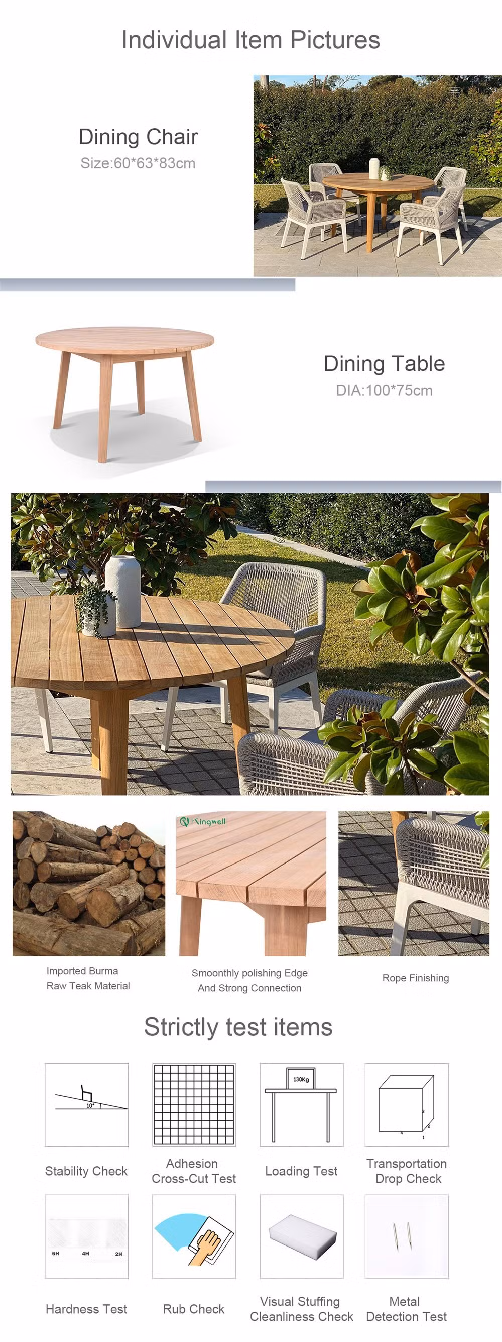 Factory Direct Sale Aluminum Outdoor Chair Teak Dining Set Garden Furniture Thailand Rope Chairs Outdoor Seating Furniture