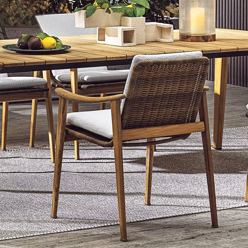 Outdoor Durable Wooden Dining Set Garden PE Woven Rattan Backrest Chair