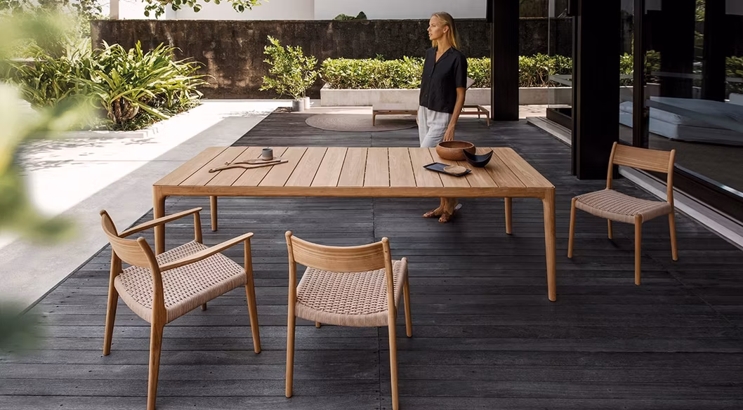 Backyard Patio Teak Wood Dining Table and Teak Rattan Chair Set Outdoor Garden Furniture Outside Dining Table Set