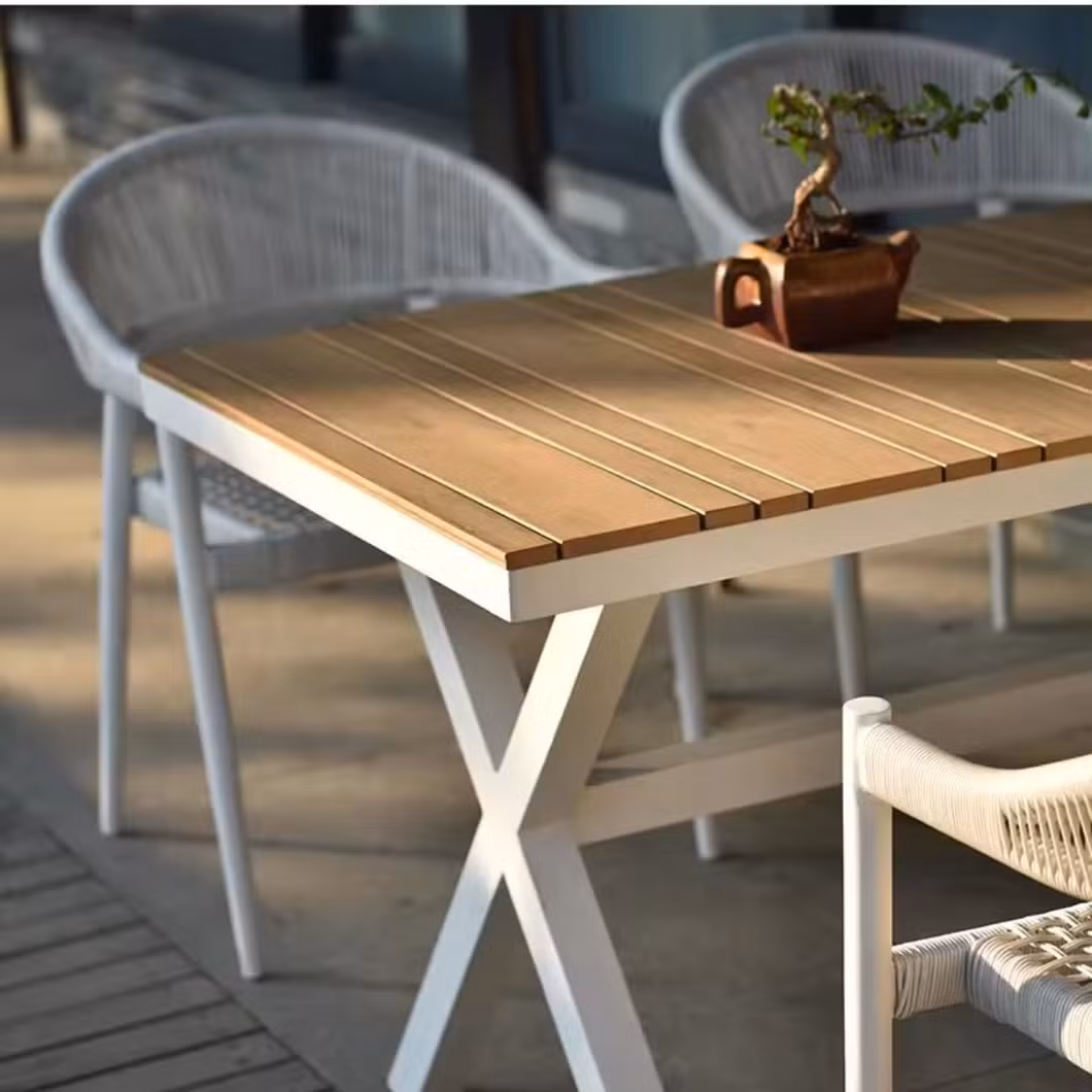 Rope Woven Wicker Chairs with Cushion Aluminum Frame Outdoor Dining Table Set