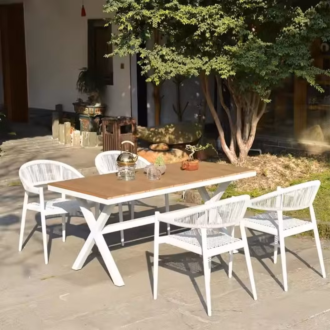 Rope Woven Wicker Chairs with Cushion Aluminum Frame Outdoor Dining Table Set
