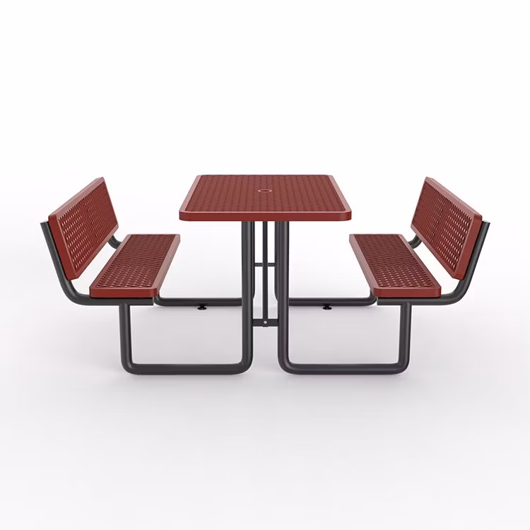 OEM 48" Outdoor Expanded Metal Rectangular Picnic Table, Dining Table and Chairs for Street/Restaurant Dipping with Backrest, Red