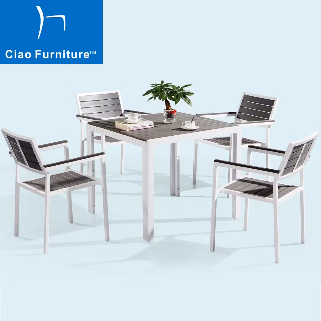 Foshan Garden Outdoor Restaurant Aluminum Plastic Wood Dining Set Table Chairs Furniture