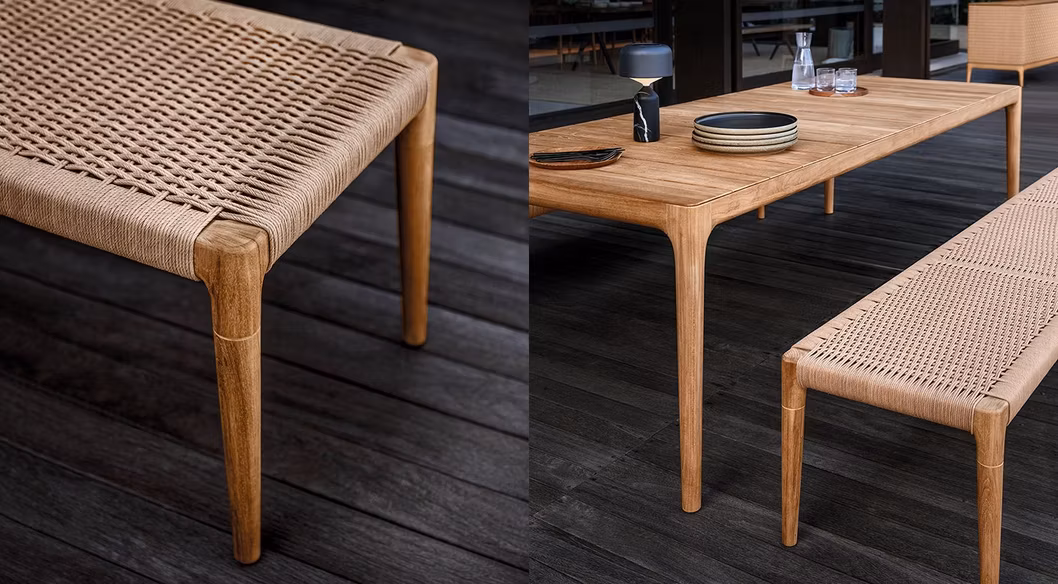 Backyard Patio Teak Wood Dining Table and Teak Rattan Chair Set Outdoor Garden Furniture Outside Dining Table Set
