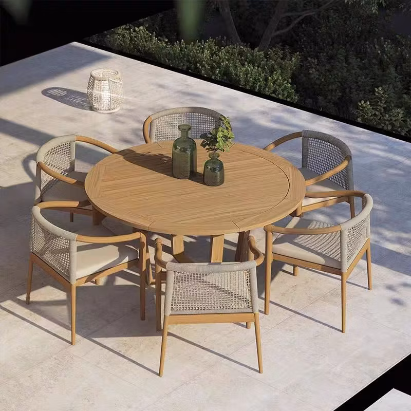 Backyard Patio Teak Wood Dining Table and Teak Rattan Chair Set Outdoor Garden Furniture Outside Dining Table Set
