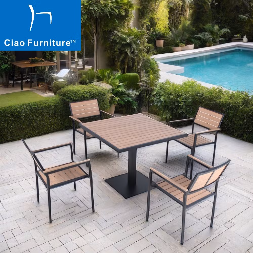 Foshan Garden Outdoor Restaurant Aluminum Plastic Wood Dining Set Table Chairs Furniture