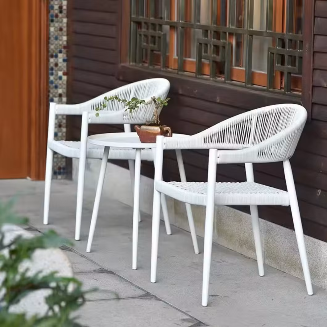 Rope Woven Wicker Chairs with Cushion Aluminum Frame Outdoor Dining Table Set