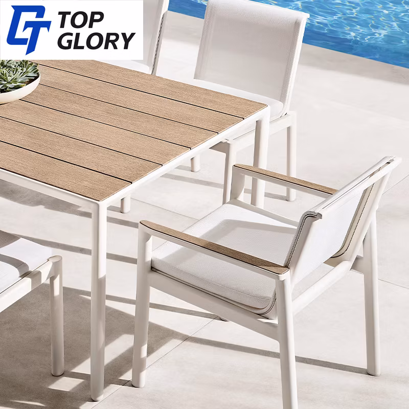 Tg Modern Outdoor Dining Furniture Set for Restaurant Hotel Factory Direct Aluminum Frame with Net Backrest Chairs