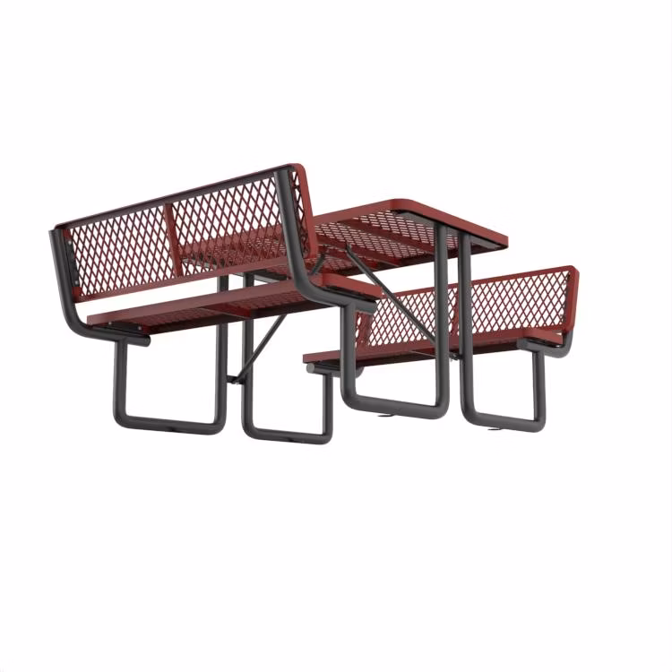OEM 48" Outdoor Expanded Metal Rectangular Picnic Table, Dining Table and Chairs for Street/Restaurant Dipping with Backrest, Red