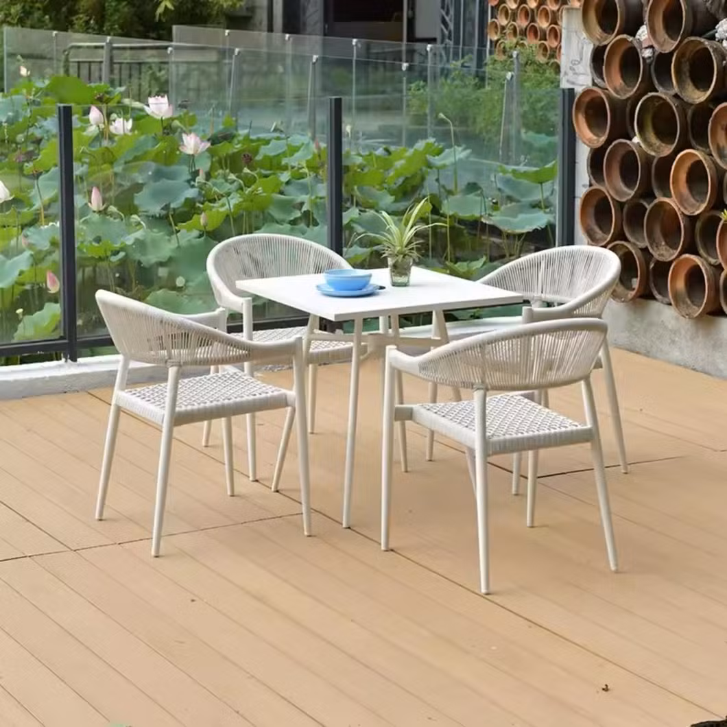 Rope Woven Wicker Chairs with Cushion Aluminum Frame Outdoor Dining Table Set