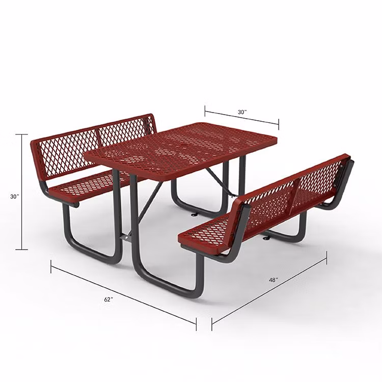 OEM 48" Outdoor Expanded Metal Rectangular Picnic Table, Dining Table and Chairs for Street/Restaurant Dipping with Backrest, Red