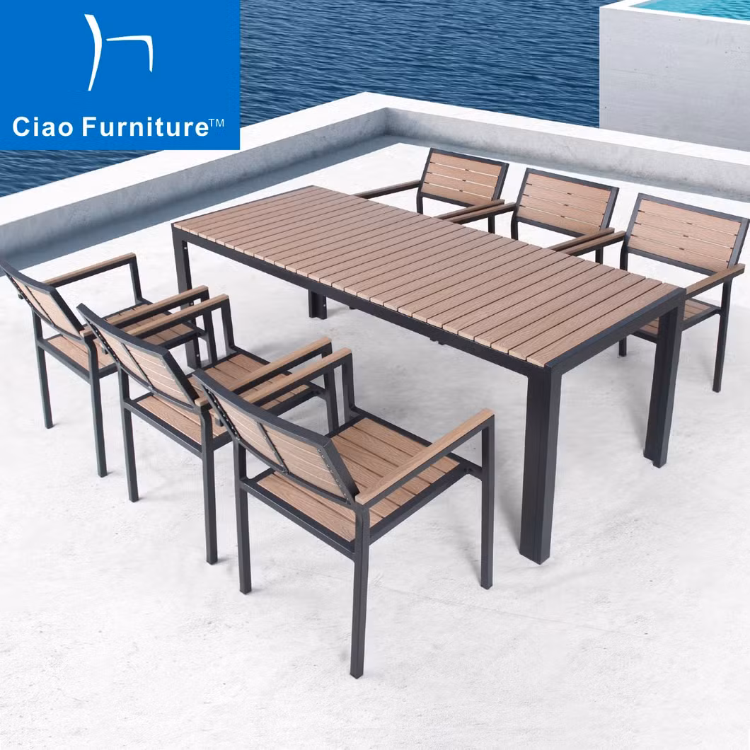 Foshan Garden Outdoor Restaurant Aluminum Plastic Wood Dining Set Table Chairs Furniture