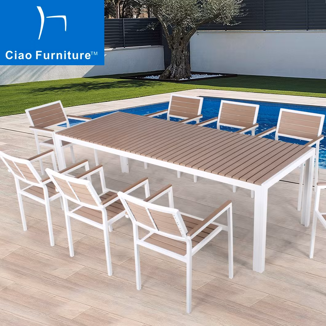 Foshan Garden Outdoor Restaurant Aluminum Plastic Wood Dining Set Table Chairs Furniture