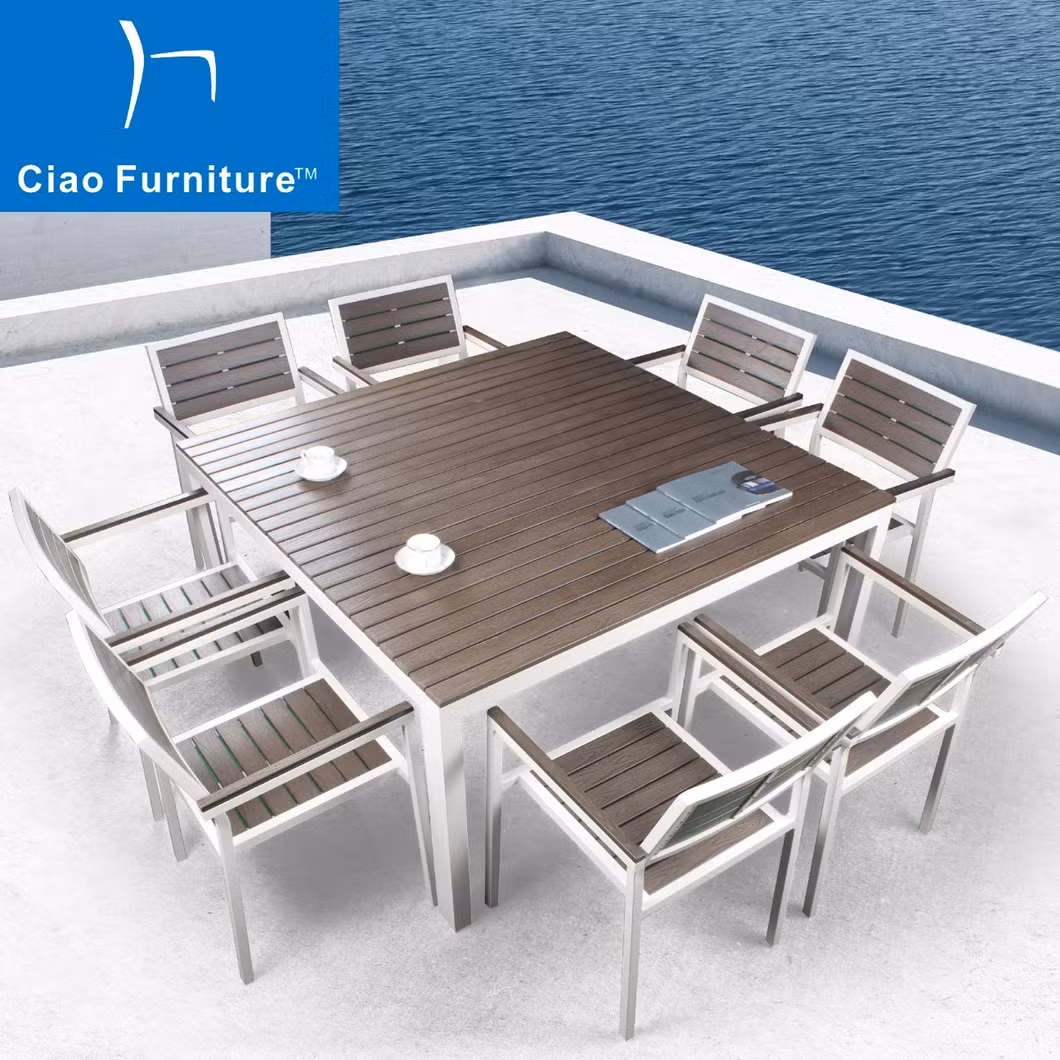 Foshan Garden Outdoor Restaurant Aluminum Plastic Wood Dining Set Table Chairs Furniture