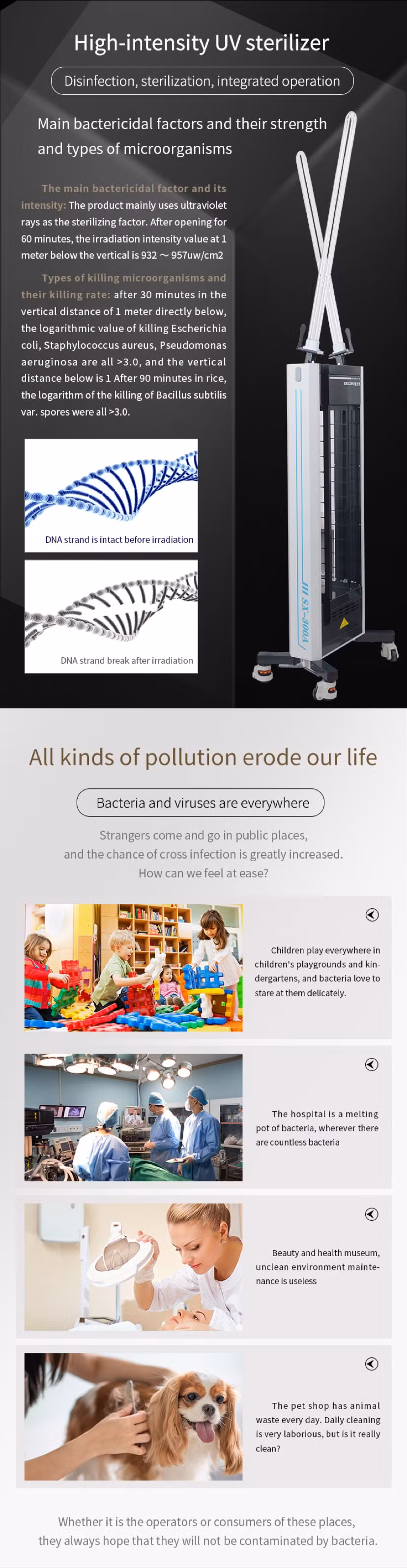 UV Disinfection Lamp Movable 300W High Output UVC Sterilization Lamp Trolley for Hospital Public Large Space with WiFi Control