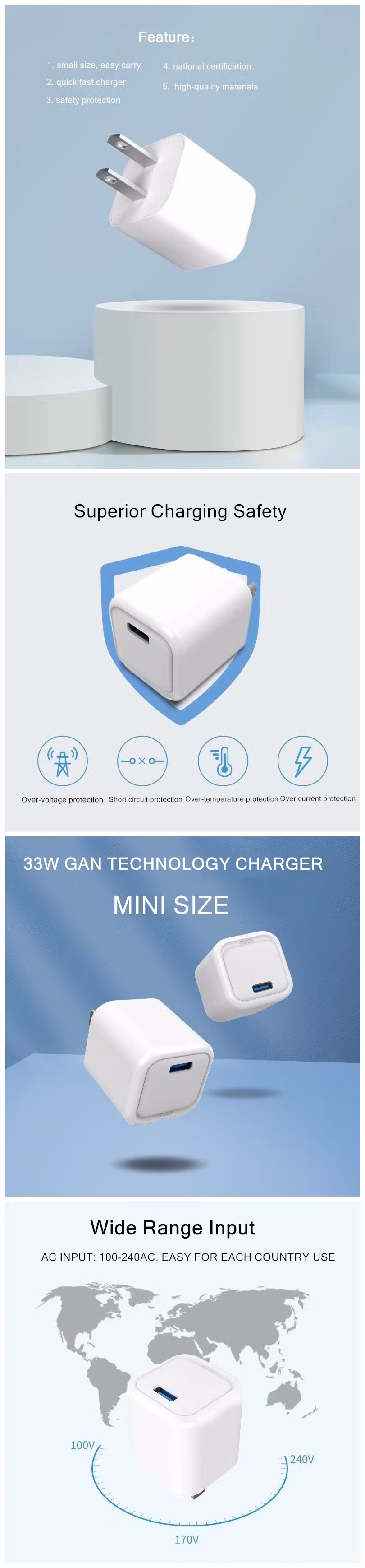 EU/Us Plug 33W GaN Technology Power Adapter Mini Size Pd Type C Fast Charger for Notebook