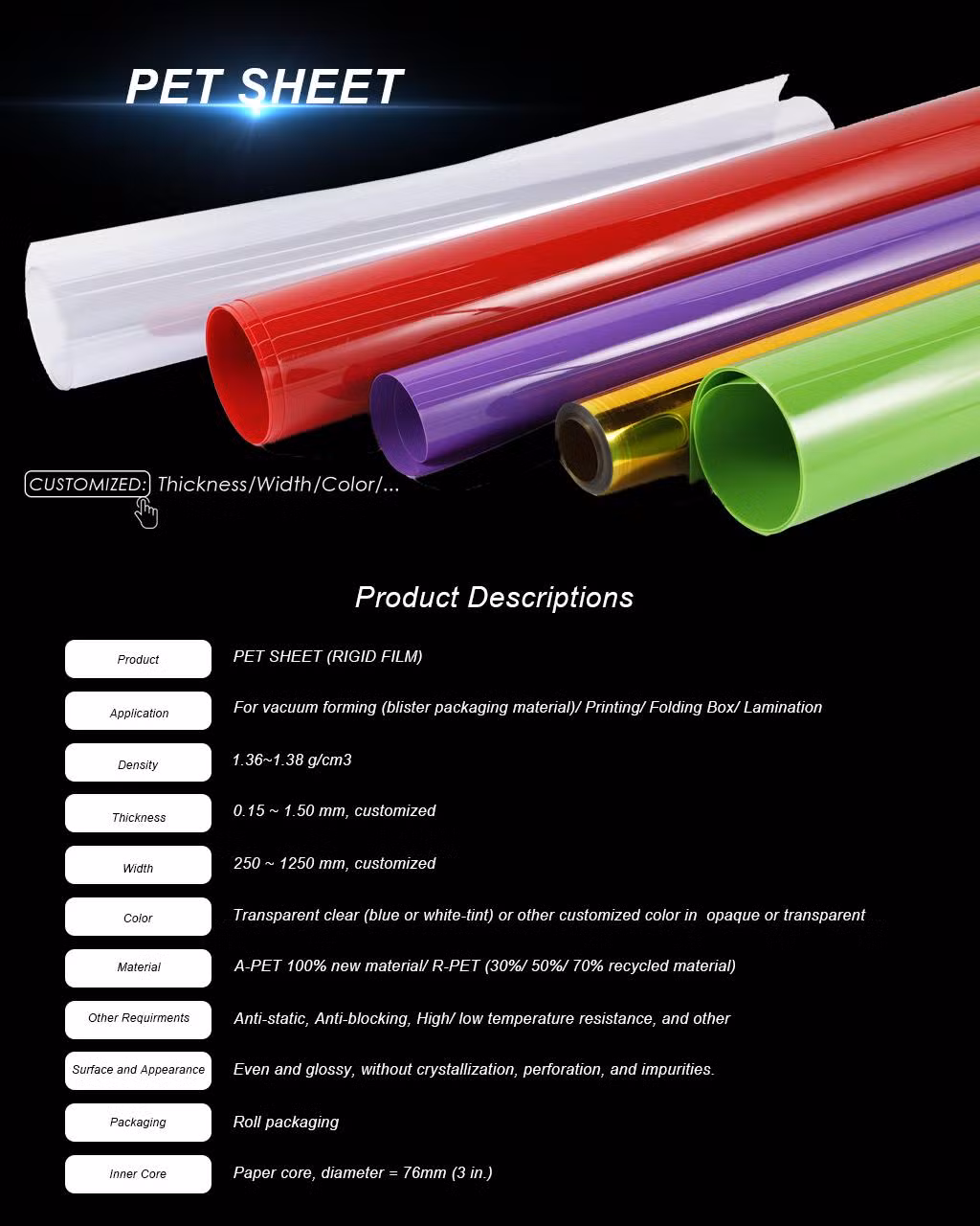 Color Rigid Pet Film for Vacuum Forming (blister packaging material) / Printing/ Folding Box/ Lamination
