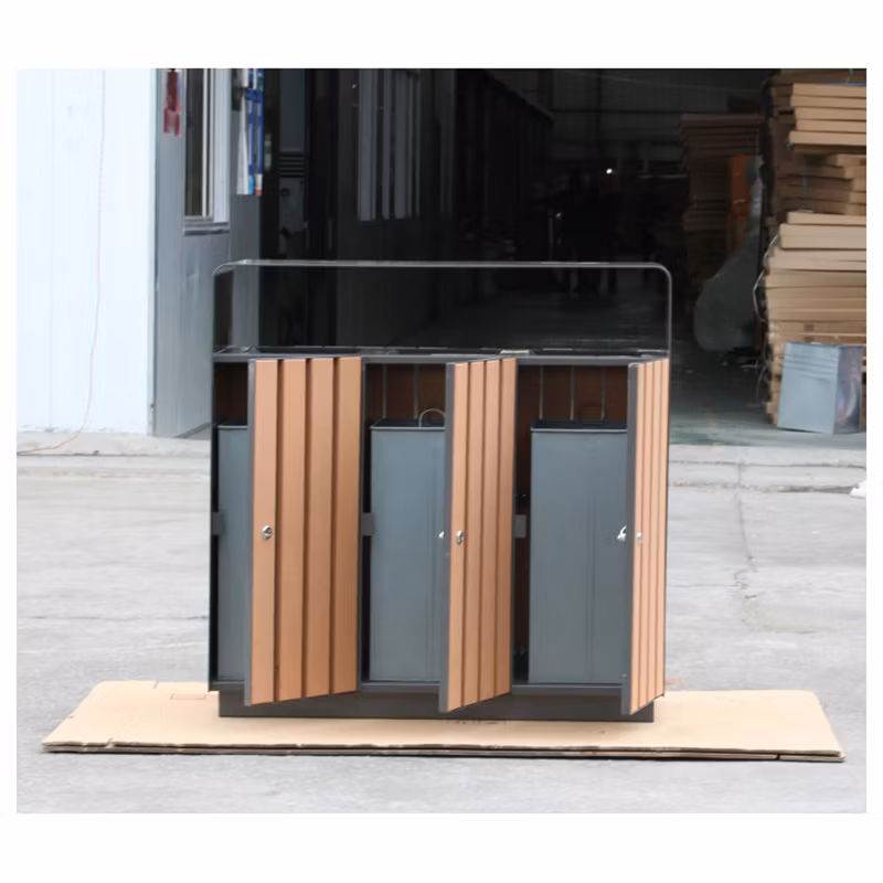Outdoor Commercial Wood Sorting Trash Garbage Can Public Triple Recycling Waste Bin