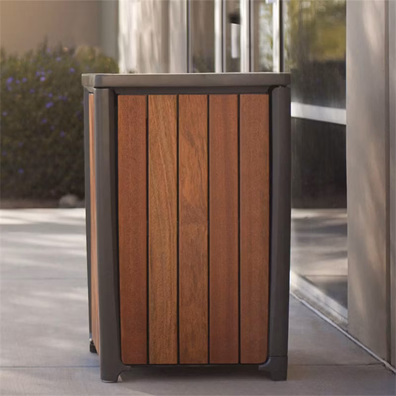 Outdoor Wood Eco Friendly Rectangular Garbage Trash Can Outside Park Waste Bin