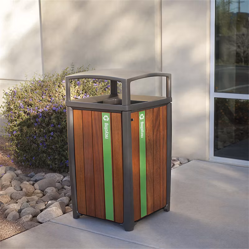 Outdoor Wood Eco Friendly Rectangular Garbage Trash Can Outside Park Waste Bin