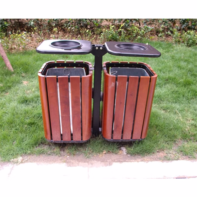 Outdoor Wooden Dual Compartment Garbage Bin Trash Can Street Waste Basket Dustbin