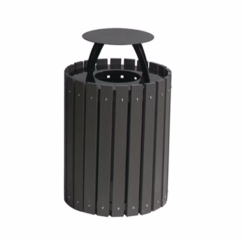 Outdoor Park Round Wood Garbage Trash Can Outside Public Recycle Waste Bin