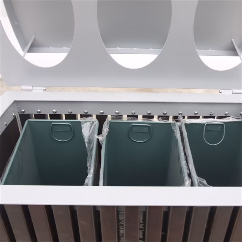 Outdoor Wood 3 Compartment Trash and Recycling Bin Commercial Large Garbage Bins